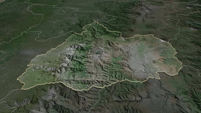 Cotopaxi, province with its capital, zoomed and extruded on the satellite map of Ecuador in the conformal Stereographic projection. Animation 3D