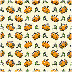 Pumpkin fruit flat with leaves vector background seamless pattern.  Scalable and editable. Vector pattern for textile, print, fabric, backdrop, wallpaper, background.