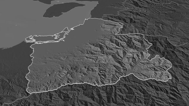 El Oro, province with its capital, zoomed and extruded on the bilevel map of Ecuador in the conformal Stereographic projection. Animation 3D