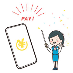 キャッシュレス決済完了　解説するビジネス女性　イラスト