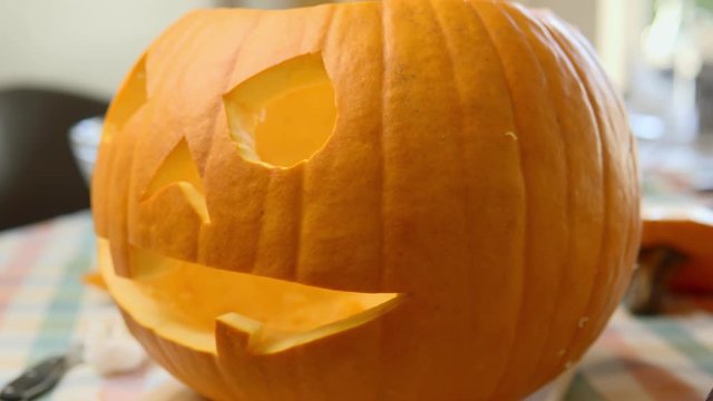 Carved Pumpkin Ready For Halloween As Jack-O-Lantern Decoration - Closeup Shot