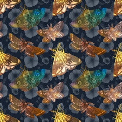 Colorful watercolor seamless pattern. Hand drawn ink moth with poppy. Mystical ornament