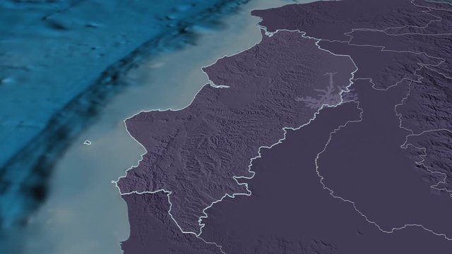 Manabi, province with its capital, zoomed and extruded on the administrative map of Ecuador in the conformal Stereographic projection. Animation 3D