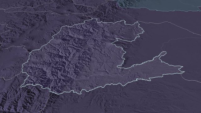 Napo, province with its capital, zoomed and extruded on the administrative map of Ecuador in the conformal Stereographic projection. Animation 3D
