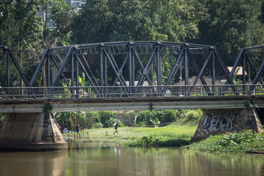 Old Iron Bridge Across Ping River