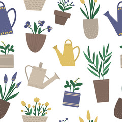 Vector seamless pattern with plants in pots with watering cans. Flat trendy hand drawn repeat background for home gardening design. .