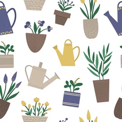 Acrylic prints Plants in pots Vector seamless pattern with plants in pots with watering cans. Flat trendy hand drawn repeat background for home gardening design. .