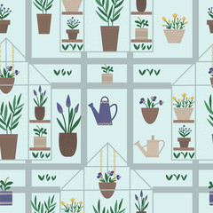 Vector greenhouse seamless pattern with plants in pots and flowers. Flat hot house repeat background. Front view greenroom texture. Spring garden digital paper..