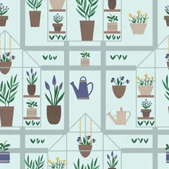 Foto op Plexiglas Planten in pot Vector kas naadloos patroon met planten in potten en bloemen. Platte hot house herhaal achtergrond. Vooraanzicht greenroom textuur. Lentetuin digitaal papier..