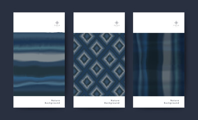 Fototapeta premium Set of Fabric Texture Indigo Nature Tie dye. Watercolor for Packaging Spa, Resort, Brochure, Poster. Clean and minimal Blue color. Vector illustration