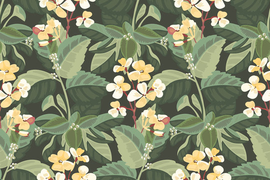 Art floral vector seamless pattern. A pale yellow Mattiola incana in the green foliage of a white hydrangea. Garden flowers, stems, leaves isolated on deep forest green background.
