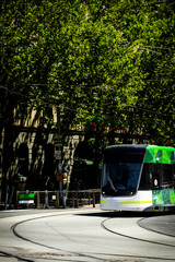 Famous Melbourne city cycle trams with tour groups at Australia