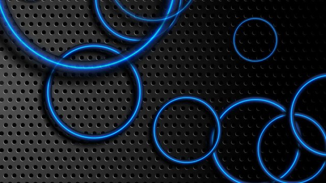 Futuristic perforated technology abstract motion background with blue neon glowing circles