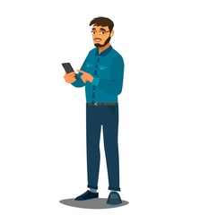 Naklejka na ściany i meble Bearded man holds smartphone in hands. People and gadgets. Using the application in the phone. Vector illustration
