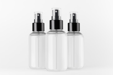 Transparent spray bottles for cosmetics product with transparent liquid on white background, mock up for branding, advertising, presentation, design.