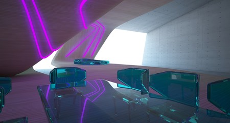 Abstract architectural concrete, wood and glass interior of a minimalist house with colored neon lighting. 3D illustration and rendering.