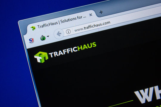 Ryazan, Russia - July 24, 2018: Homepage of TrafficHaus website on the display of PC. Url - TrafficHaus.com .