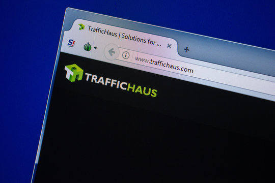 Ryazan, Russia - July 24, 2018: Homepage of TrafficHaus website on the display of PC. Url - TrafficHaus.com .