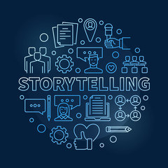 Fototapeta na wymiar Storytelling vector circular concept outline blue illustration on dark background