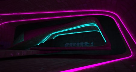 Abstract architectural concrete and rusted metal interior of a minimalist house with colored neon lighting. 3D illustration and rendering.