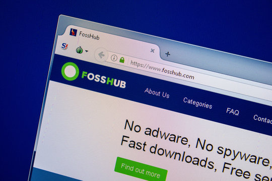 Ryazan, Russia - July 24, 2018: Homepage of FossHub website on the display of PC. Url - FossHub.com .