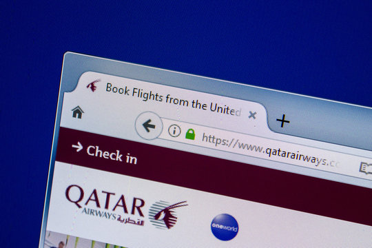 Ryazan, Russia - July 25, 2018: Homepage of QatarAirWays website on the display of PC. Url - QatarAirWays.com .