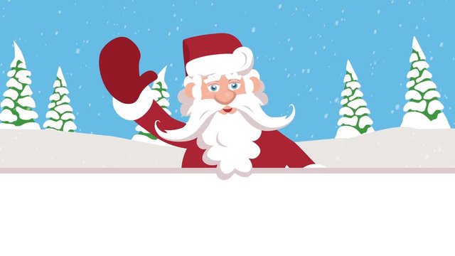 Cartoon Christmas Card with Horizontal Empty Text Placeholder Board. Funny Santa Claus Greeting Hand Waving Animation