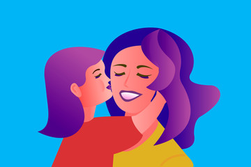 Mom and daughter. Mother's day concept. Daughter hugs and kisses mom. Vector illustration in a flat simplified style isolated on a blue background.