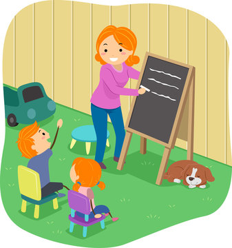 Kids Mom Home School Backyard Dog Illustration