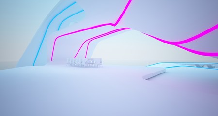 Abstract architectural white interior of a modern villa on the sea with colored neon lighting. 3D illustration and rendering.