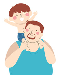 Kid Boy Dad Back Ride Swimming Illustration