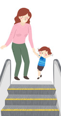 Kid Boy Mom Scared Of Escalator Illustration