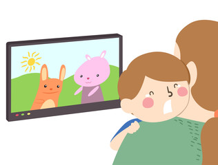 Kid Boy Mom Scared Of Television Show Illustration