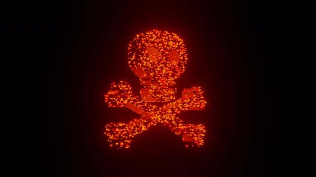 Skull and crossbones spin sign and symbol glow futuristic particle 3D rendering cube polygon pattern, Virus malware dangerous hacker concept design on black background animation 4K with copy space