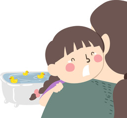 Kid Girl Mom Scared Of Taking Bath Illustration