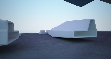 Abstract architectural concrete interior of a modern villa on the sea with colored neon lighting. 3D illustration and rendering.