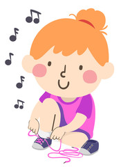 Kid Girl Shoe Tying Listen Music Illustration