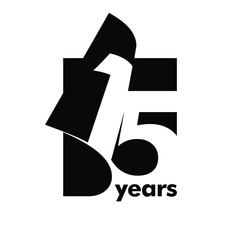 Isolated abstract logo 15 years. In the form of an open book, magazine. Happy greeting card for the 15th birthday. Black color writing on white background. - obrazy, fototapety, plakaty