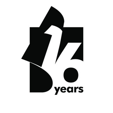 Isolated abstract logo 16 years. In the form of an open book, magazine. Happy greeting card for the 16 th birthday. Black color writing on white background.