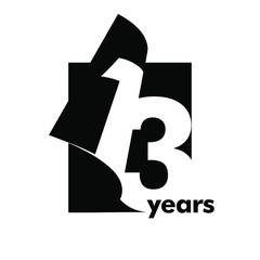 Isolated abstract logo 13 years. In the form of an open book, magazine. Happy greeting card for the 13 th birthday. Black color writing on white background. © andrei