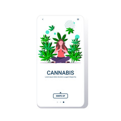 woman relaxing in lotus pose marijuana or cannabis leaves background girl enjoying narcotic effect drug consumption concept smartphone screen mobile app copy space full length vector illustration