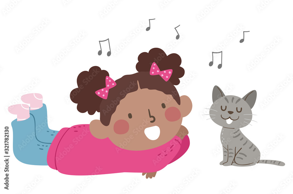 Canvas Prints kid girl cat sing illustration