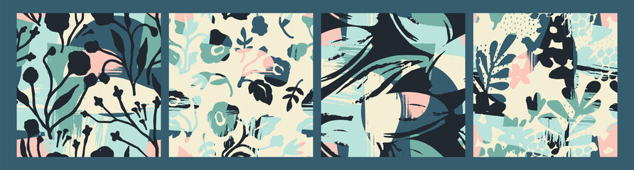 Abstract floral seamless patterns with trendy hand drawn textures