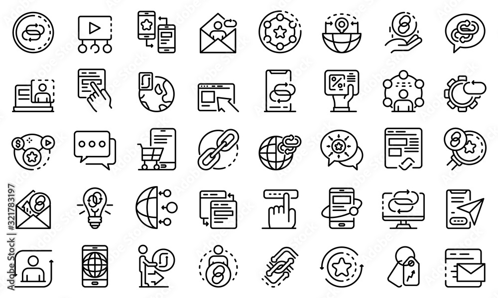 Wall mural backlink strategy icons set. outline set of backlink strategy vector icons for web design isolated o