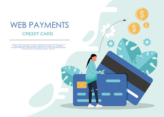 Mobile banking concept illustration of people sitting on credit cards and using mobile smart phone for online banking and accounting. Flat men and women with credit cards
