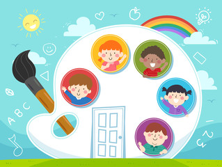 Kids Palette Paint Brush House Illustration