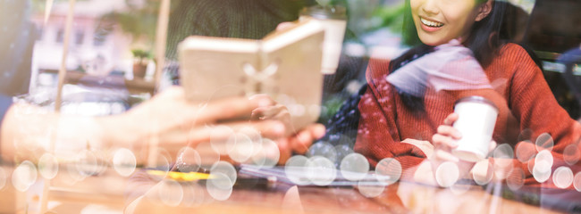 mix asian woman caucasian men People Meeting Friendship Togetherness Coffee Shop Concept casual relax moment