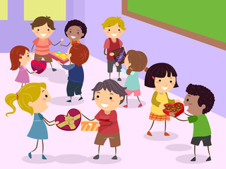 Stickman Kids Exchange Chocolates Illustration