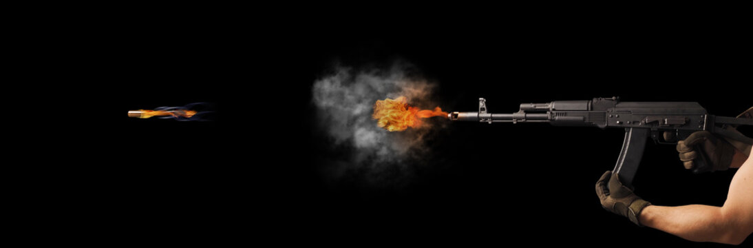 Freezing shot of a gun on a dark background. Concept gun club, gun-shop, shooting range.