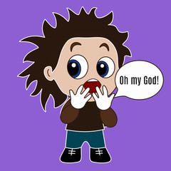Emoticon with a boy who is standing and horrified says Oh, God! color vector simple emoji on purple isolated background